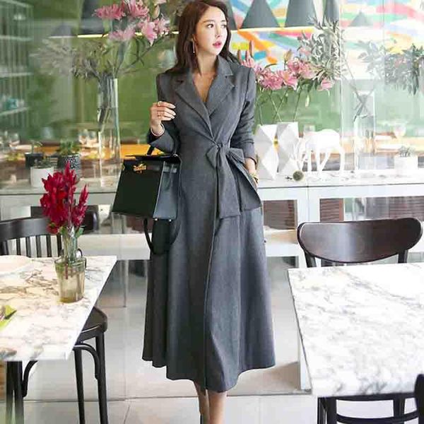 

women's wool & blends 2021 spring autumn solid gray lace-up silm overcoat notched collar outwear vintage calf length maxi trench coat, Black