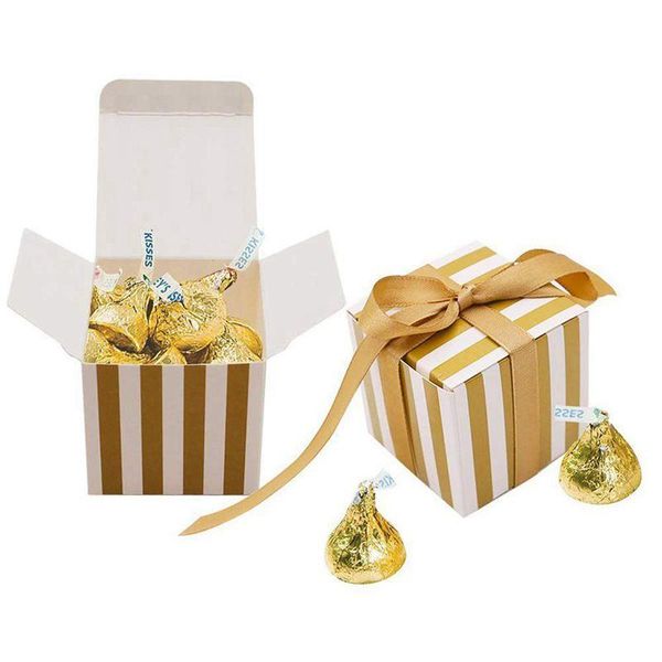 

gift wrap 100 pcs gold favor boxes, stripes design candy treat boxes with ribbon for bridal shower baby wedding birthday party