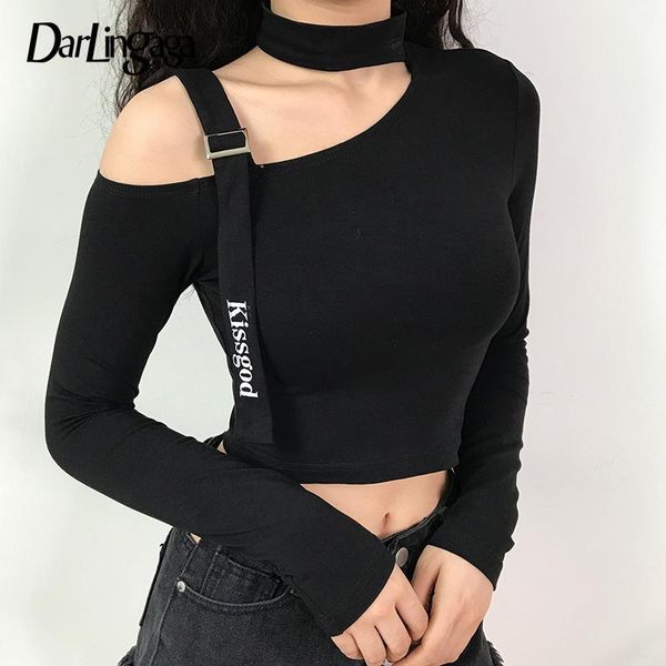 

darlingaga asymmetrical choker gothic female t-shirt halter fashion cropped tees buckle slim long sleeve tshirt clothes1, White