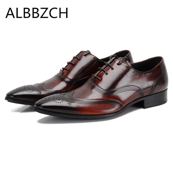 

new brand designer fashion carving genuine leather men shoes pointed toe lace up men's wedding dress shoes man office work, Black