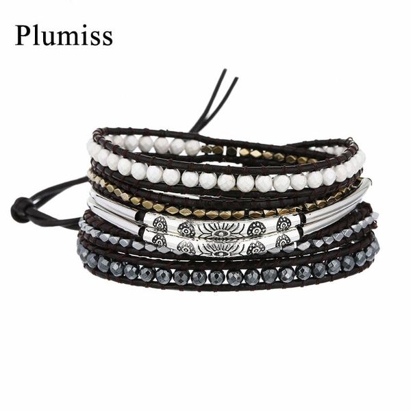 

plumiss hematite wrap bracelet natural stone plated color women's bracelets ethnic design stainless steel tube handmade jewelry, Golden;silver