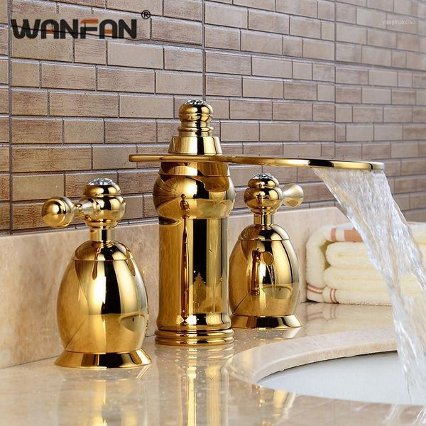 Rubinetti per lavabo Ottone Lussuosi rubinetti a cascata a 3 fori Finitura oro Rubinetto per lavabo da bagno e rubinetto per lavaggio a freddo LH-168321