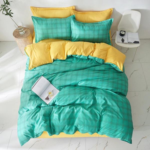 

new bedding set green square yellow b side duvet cover flat bed sheet pillowcase  king full single home 3/4pcs1