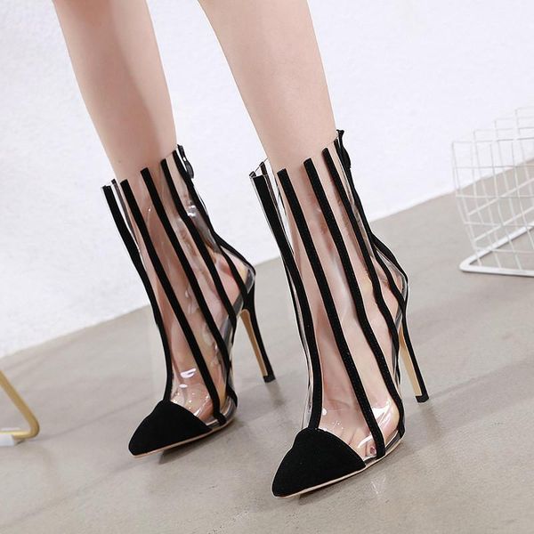 

personality pvc jelly sandals pointed-toe striped high heels summer women shoes thin heel transparent ankle boots big size 421, Black