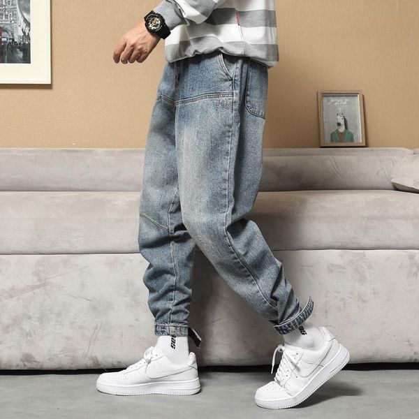 

newly designer fashion men jeans loose retro blue spliced casual denim cargo pants streetwear hip hop wide leg baggy trousers