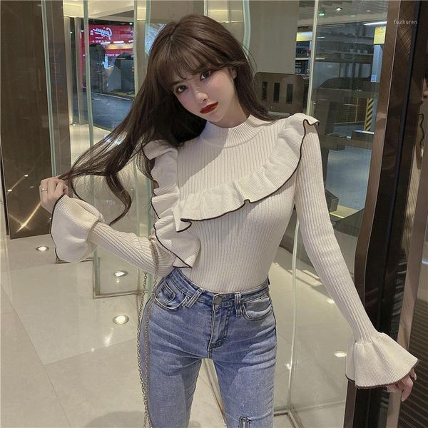

2020 autumn and winter bottoming shirt women's long-sleeved sweater pullover sweater wild wood ear trumpet sleeve slim trend1, White;black