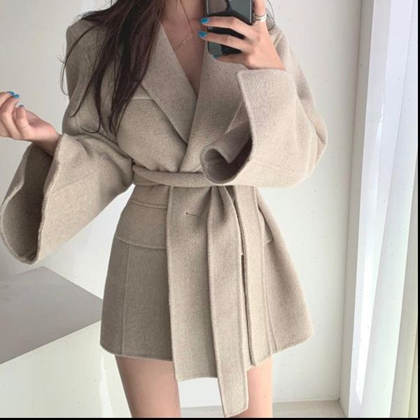 

ewq] 2021 new autumn french lapel straight slimming lace up cardigan long sleeve woolen coat for women loose casual suit, Black