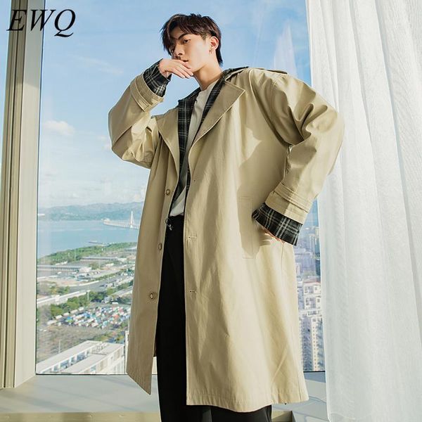 

ewq / men's wear 2020 autumn plaid patchwork fake two-piece trench windbreaker for male korean loose mid-length long coat 9y35621, Tan;black