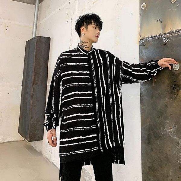 

men long sleeve stand collar loose casual stripe irregular shirt male streetwear vintage hip hop dress shirt1, White;black