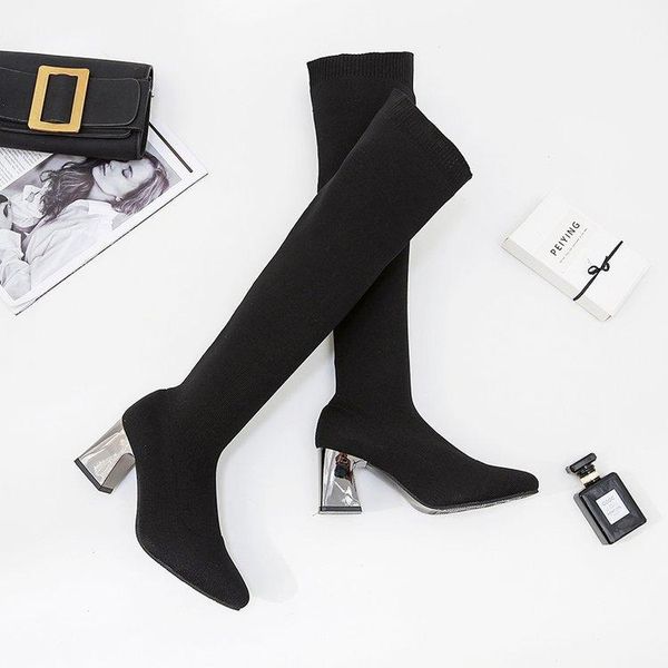 

new slim chunky heel knee boots women's high boots elastic wool knitted, Black