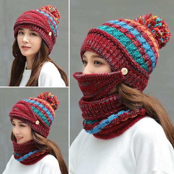 Warm Caps Skullies Berretti Sciarpa 3 collega gli insiemi di Balaclava invernali cappelli per le donne di colore misto di banda lavorato a maglia Berretti Cpas Femminile