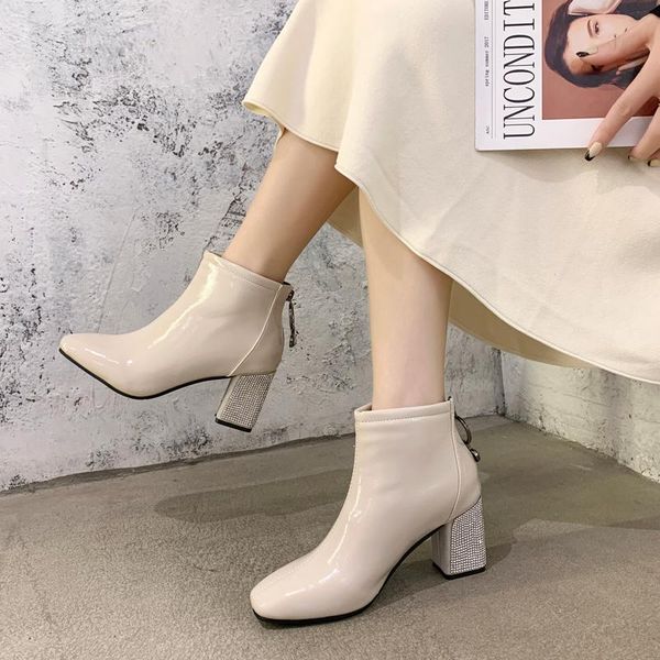 

luxury shiny crystal square heel boots beige black high heel ankle boots 2020 winter warm fur rhinestone short  cm