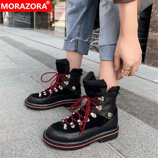 

morazora 2020 new arrive women winter keep warm genuine leather ankle boots low heel round toe lace up ladies shoes 1026, Black