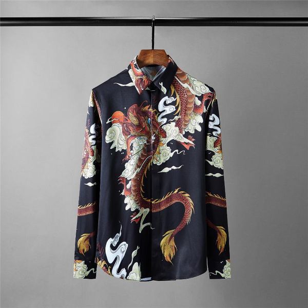 

men's casual shirts all printed mens luxury china red dragon long sleeve dress plus size 4xl slim fit male, White;black