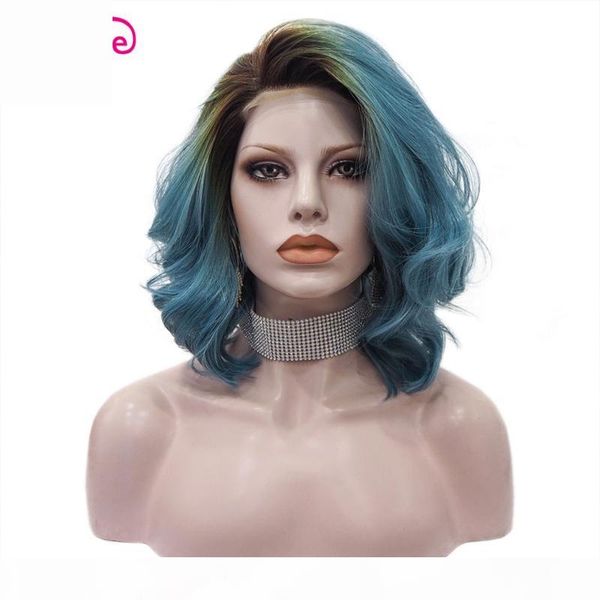 

imstyle blue wig short wigs for women synthetic lace front wig dark root heat resistant fiber cosplay 12 inches, Black
