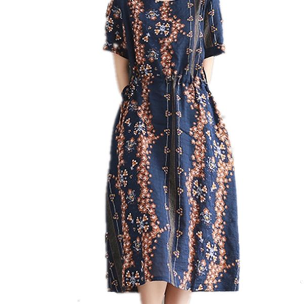 

2021 new plus size vintage floral printing summer comfortable cotton linen loose casual elastic waist robe femme women lm37, Black;gray