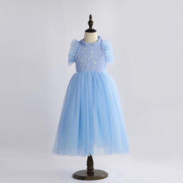 

wholesale lace flower girl dress 2020 new style flare sleeve lace performance evening dress kids clothes 1-7y, White;blue