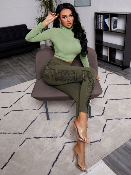 

sxy raglan sleeve crop tee & fringe trim leggings i8fx#, White