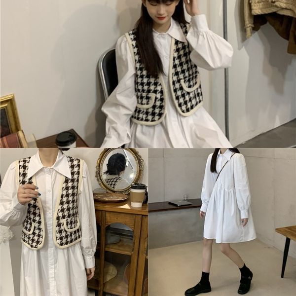 

2020 осень корейский свободный длинный рукав середине vest vestlong рубашки небольшой аромат иностранный стиль плед жилет 22933 rnpc9, Black;gray