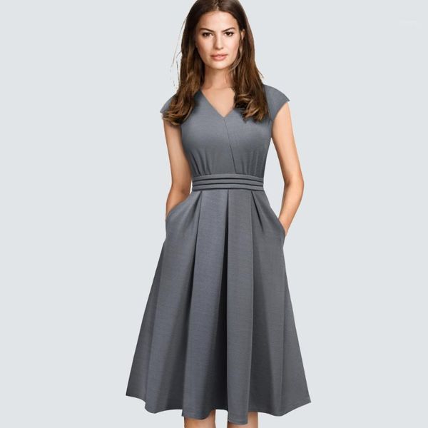 

spring elegant casual brief design v-neck a-line dress vintage side packet modern dress ha1961, Black;gray