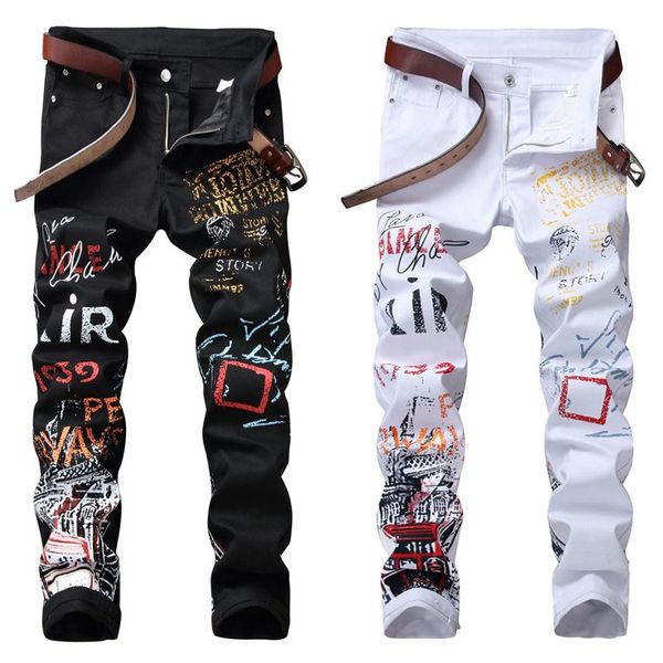 

high street fashion mens jeans night club black white color personal designer printed jeans men punk pants skinny hip hop, Blue