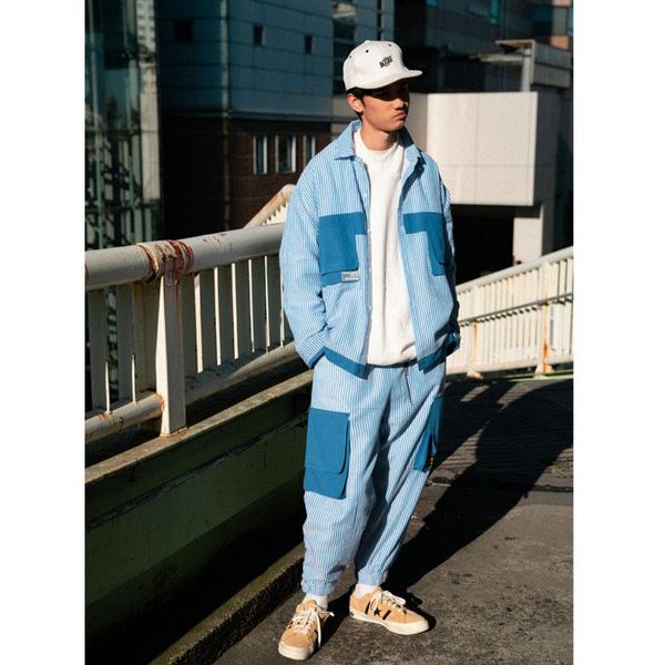 

men's jackets 2 pieces suits sets men streetwear hip hop casual cargo jacket pant male retro fashion coat trousers jogger sweapants, Black;brown