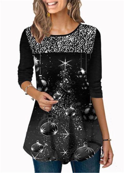 

womens christmas t-shirts fashion trend 3/4 sleeve round neck 3d christmas pattern long tees designer female autumn sequined t-shirt, White