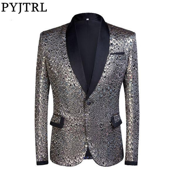 

pyjtrl male shawl lapel gold silver jacquard scale pattern slim fit blazer hombre suit jacket men wedding groom singers costume lj201103, White;black
