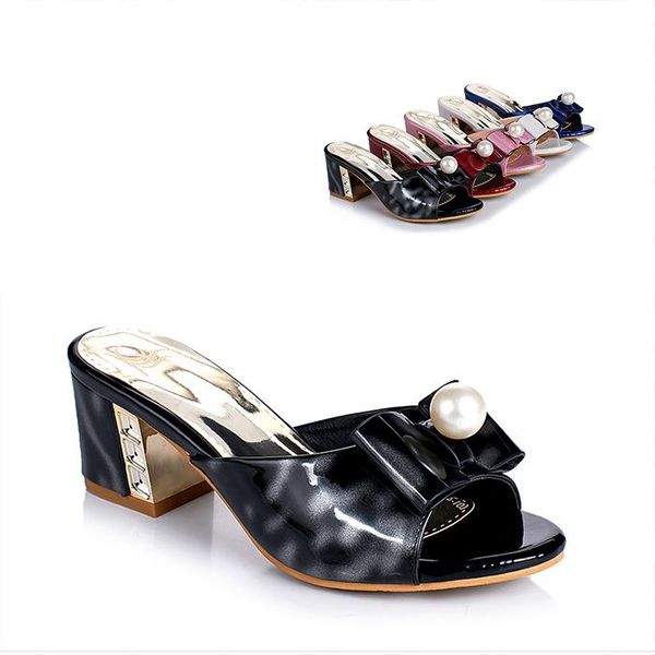 

slippers high-heeled shoes lady ladies' peep toe low mules for women 2021 rome rubber basic fabric pu slides hoof, Black