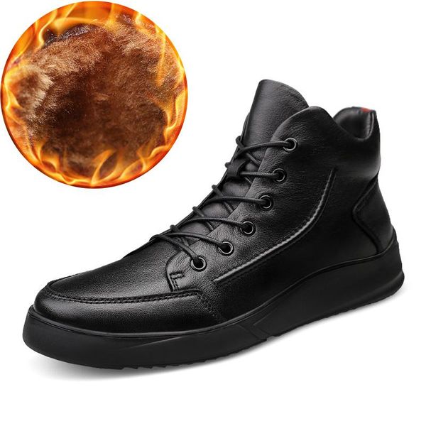 

men boots genuine leather autumn leather shoes male high motorcycle boot winter boot plush fur warm snow shoes, Black