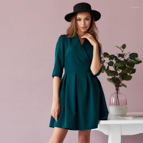 

women casual back bow sashes dress office lady half sleeve v neck solid a line mini dress 2019 women vintage elegant party1, Black;gray