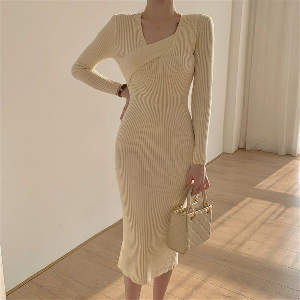 

2021 v-neck wrapped knitted women autumn solid sweater stretchy knee-length bodycon female new b2mr, Black;gray