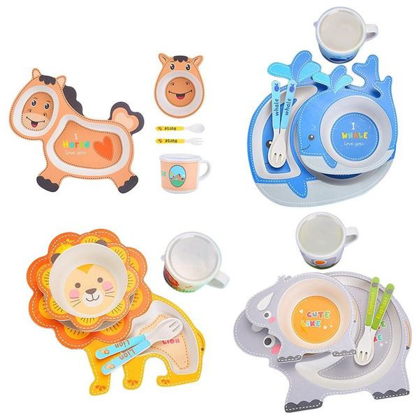

baby tableware cartoon children feeding dishes kids dish bamboo fiber dinnerware set with bowl fork cup spoon plate 5pcs