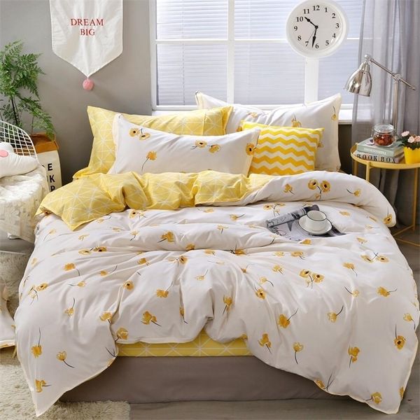 Bedding floral amarelo conjunto de flores luxuosas tampa de edredão set afortunado trevos e xadrez reversível cama de linho de linho home têxtil 201021