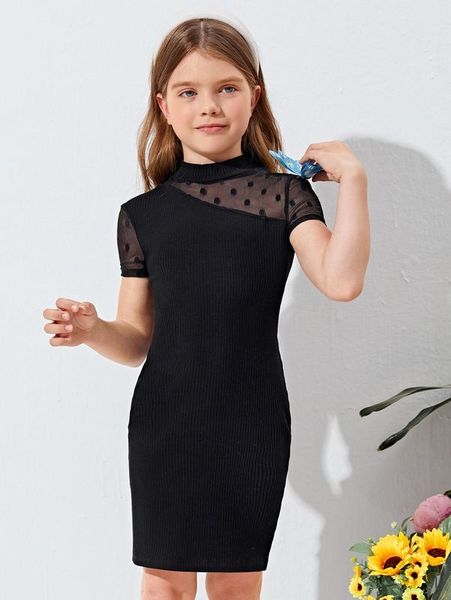 

girls dobby mesh insert rib-knit dress she, Red;yellow