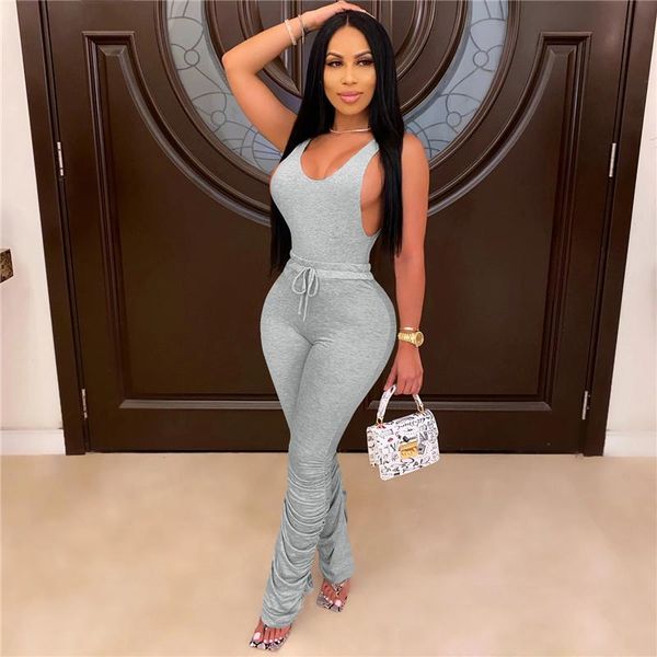 

pd women solid color outfits casual style backless u-shaped neck vest + ruched pants 2 piece set women clothing, Gray
