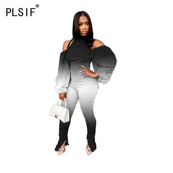 

gradient hooded special design long sleeve skinny jumpsuits tight club high street chic bodysuits, Black;white