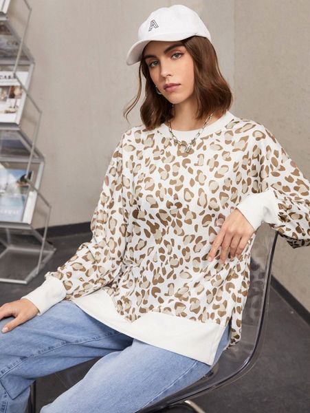 

leopard print drop shoulder split hem sweatshirt g4u8#, White;black