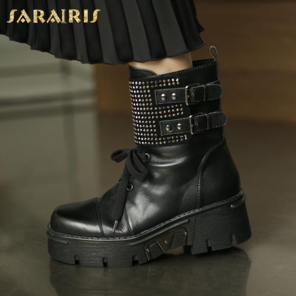 

boots sarairis 2021 fashion cow leather belt buckle comfy skidproof waterproof rivet ins punk style motorcycle booties, Black