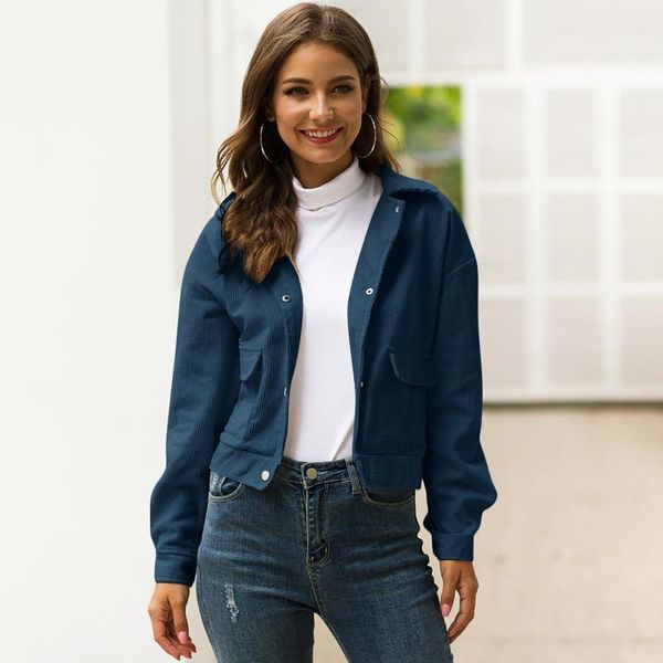 

women cropped jacket spring corduroy short coat turn-down collar pockets long sleeve casual coats autumn 1, Black;brown