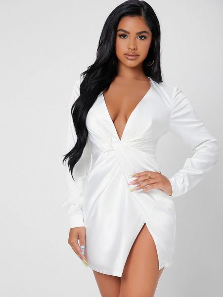 

petite solid plunging neck wrap hem dress b7u2#, Black;gray