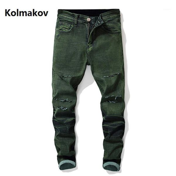 

2020 spring ripped jeans men fashion designer denim skinny jeans mens broken holes men's trousers yellow and green 28-421, Blue