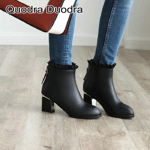 

boots winter ruffles ankle women pointed toe shoe square high heels shoes female zipper office big size, Black