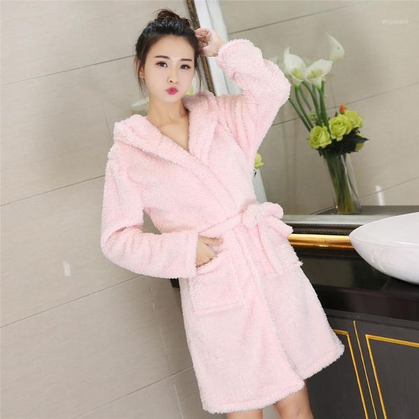 

hooded coral fleece nightwear cute warm robe sleepwear kimono gown short belt pyjamas pocket women home clothing bathrobe1, Black;red