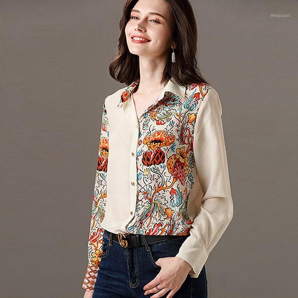 

100% silk blouse women shirt asymmetrical patchwork flower printed design turn-down neck long sleeves office new fashion1, White