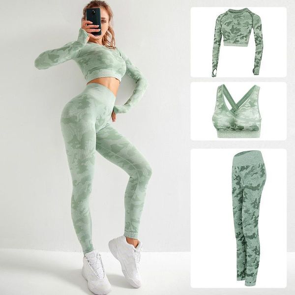 

3pcs/set camouflage yoga set women seamless fitness yoga bra sports bra high waist gym camo leggings pants fitness suits workout, White;red