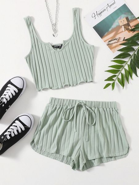 

notch neck rib-knit tank & shorts set u2mf#, White