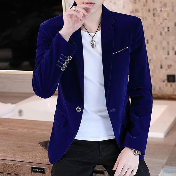 

2020 new men's business slim-fit pleuche non-ironing one button suit youth casual solid color single button blazer1, White;black