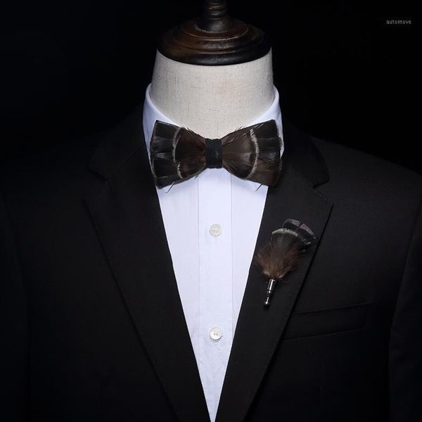 

new men's male feather men women dress british fashion high-end bow tie set business export wedding banquet brooch1, Blue;purple