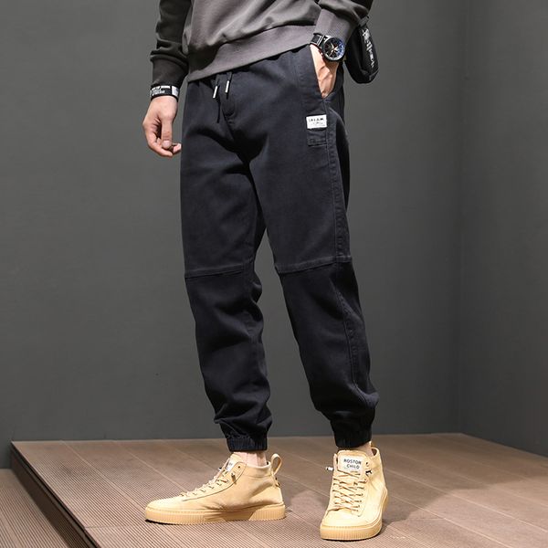 

2021 new japanese style fashion men jeans loose fit spliced designer casual cargo pants streetwear hip hop joggers wide leg trousers j483, Blue